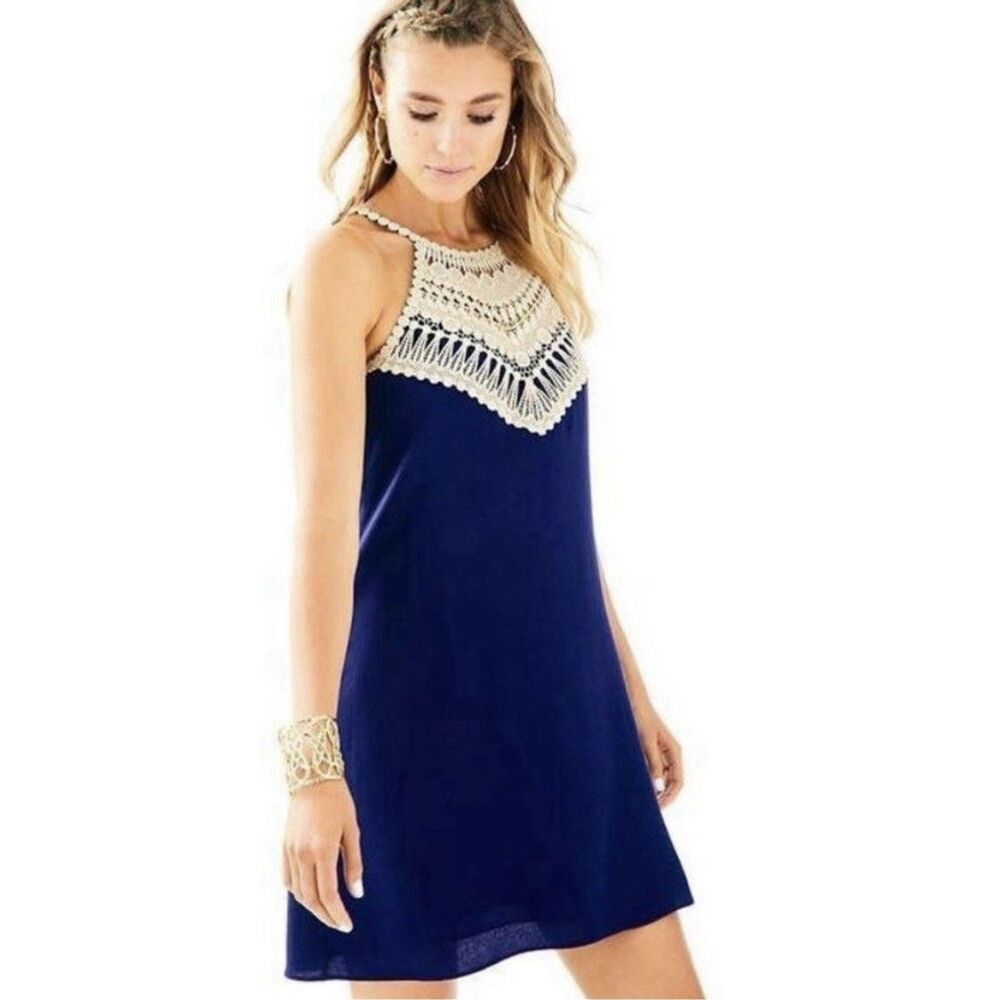 Lilly Pulitzer Pearl Soft Shift Dress‎ Women's Size 4 True Navy Gold Halter Neck